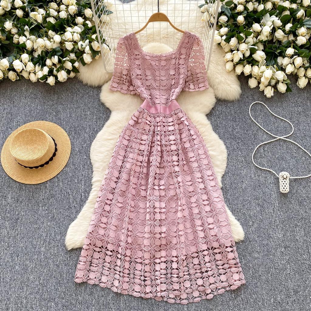 Summer Women Short Sleeve Square Collar Embroidery Lace Long Midi Party Dresses