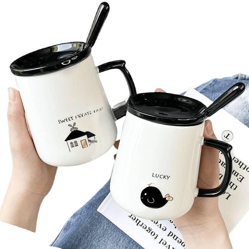 Mug en Céramique avec Couvercle et Cuillère pour Café - Parfait pour Hommes, Femmes, Couples et Enfants - Design Mignon et Créatif pour la Maison ou le Petit Déjeuner.
