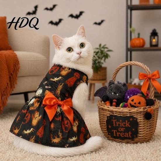 Pet Princess Skirt Funny Halloween Dog Dress Pumpkin Bat Spider Ghost Print Festive Costume for Photos Apparel Puppy with Bow Small Dogs Cats Soft