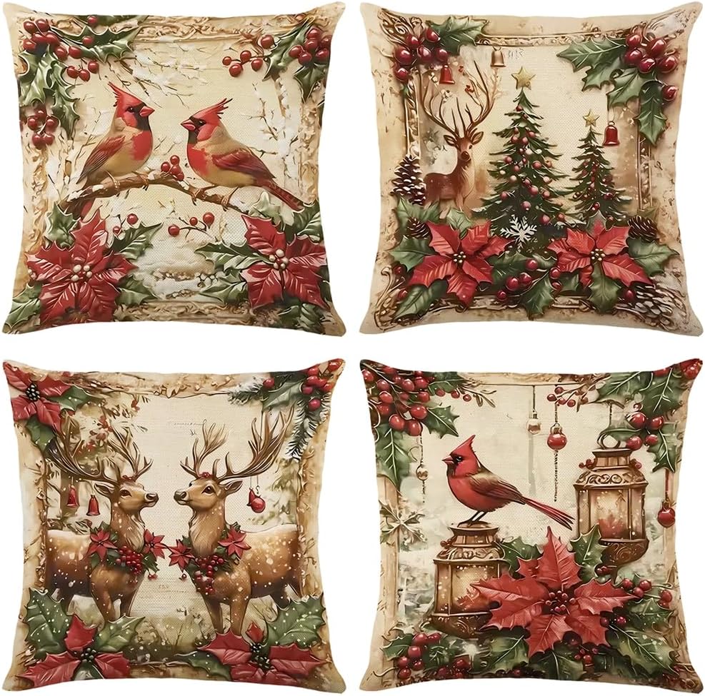 Christmas Throw Pillow Covers 18X18 Set Of 4,Linen Pillow Cases Vintage Nordic Snowman Tree Plaid Gray White Pillowcover