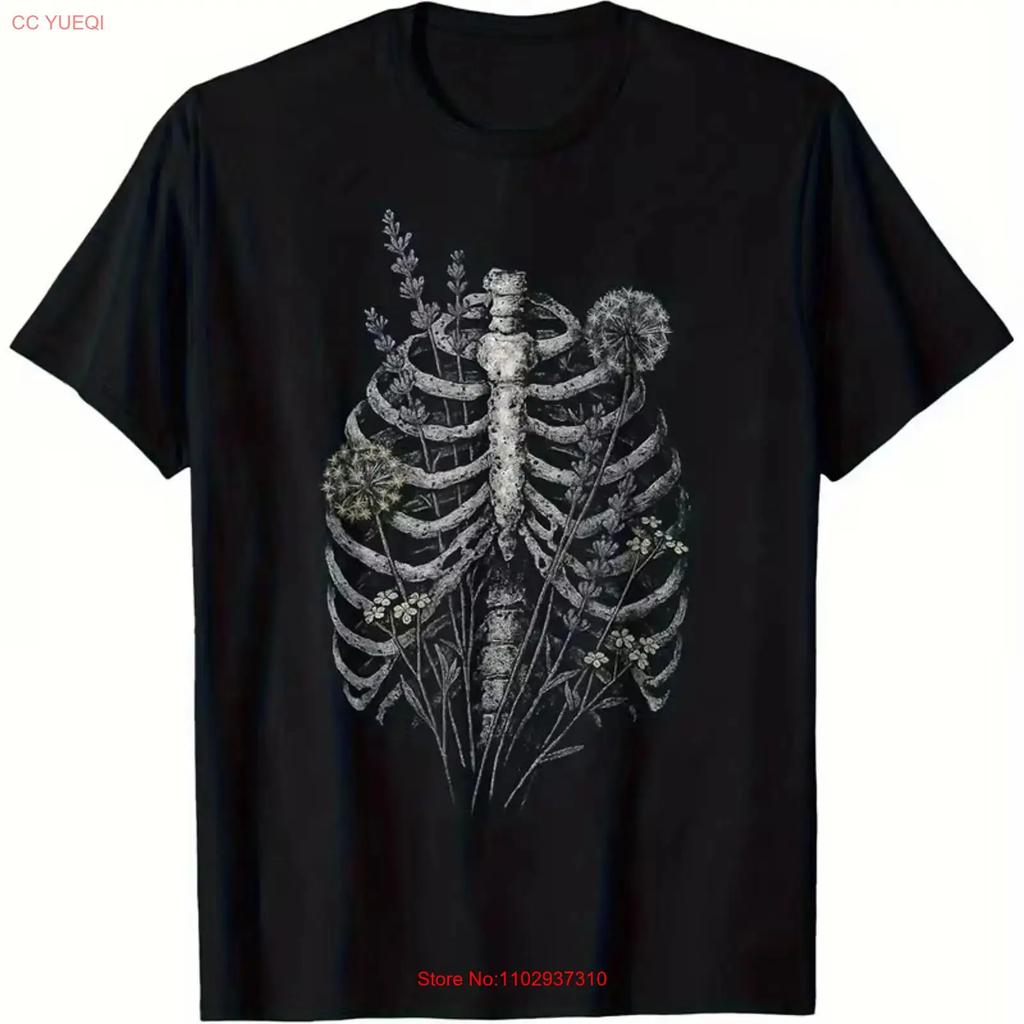 Unisexs Gothic Skeleton Floral T Shirt Heavyweight 180gsm Black With Ribcage Vintage Graphic Comfortable Slightly