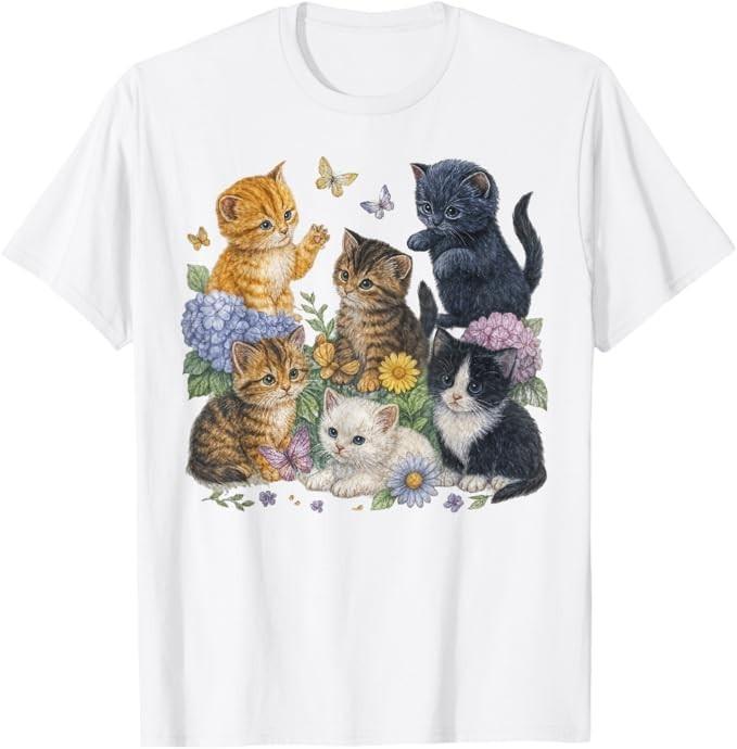 Cat Flower Floral Cute Kitten Vintage Flowers Art Cat Lover Tshirt