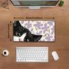 Gaming Mouse Pad Large Desk MatStitched Edges Black White Cat with Purple Flowers Print Keyboard Pad for Gamer Home Office