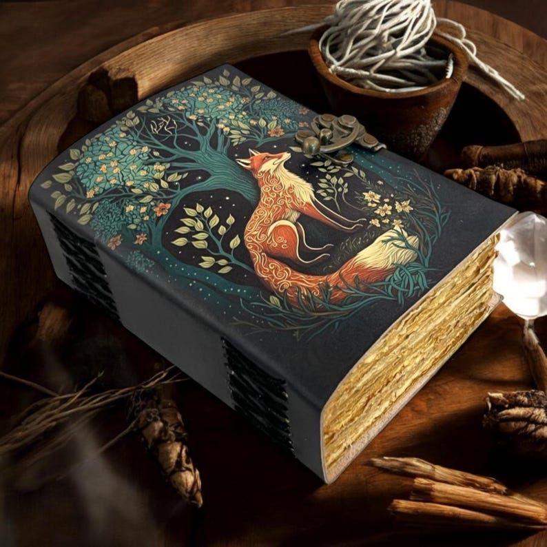 200 Page Large Fox Vintage Handmade leather Journal, Grimoire Fat journal Blank spell book of shadows Celestial Christmas Gifts For Him Her
