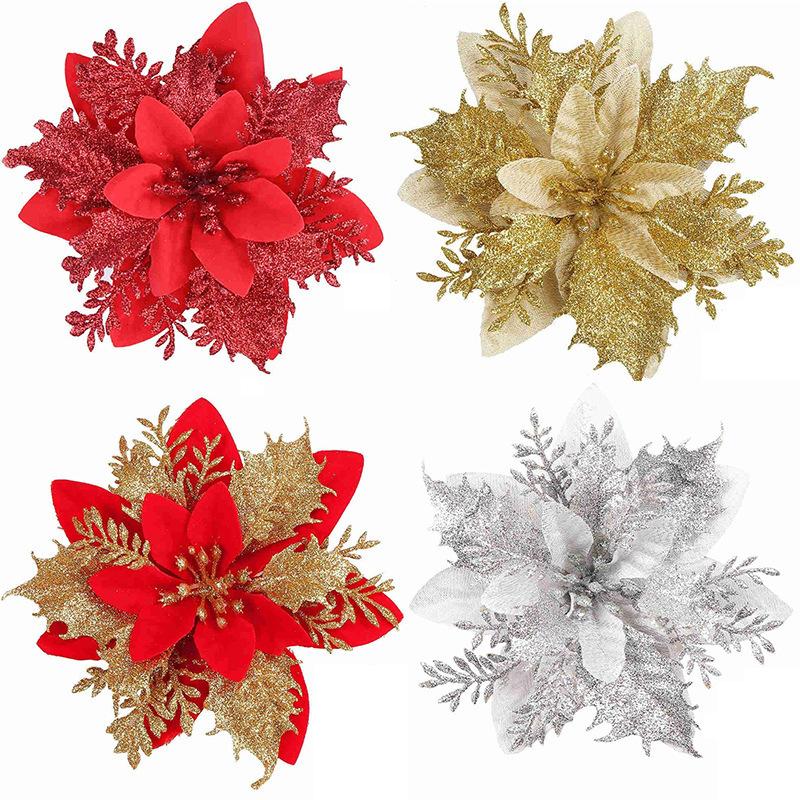 Christmas Flower Christmas Decorations Wreath Christmas Tree Gold Glitter Plastic Flower Ribbon Clip Wire