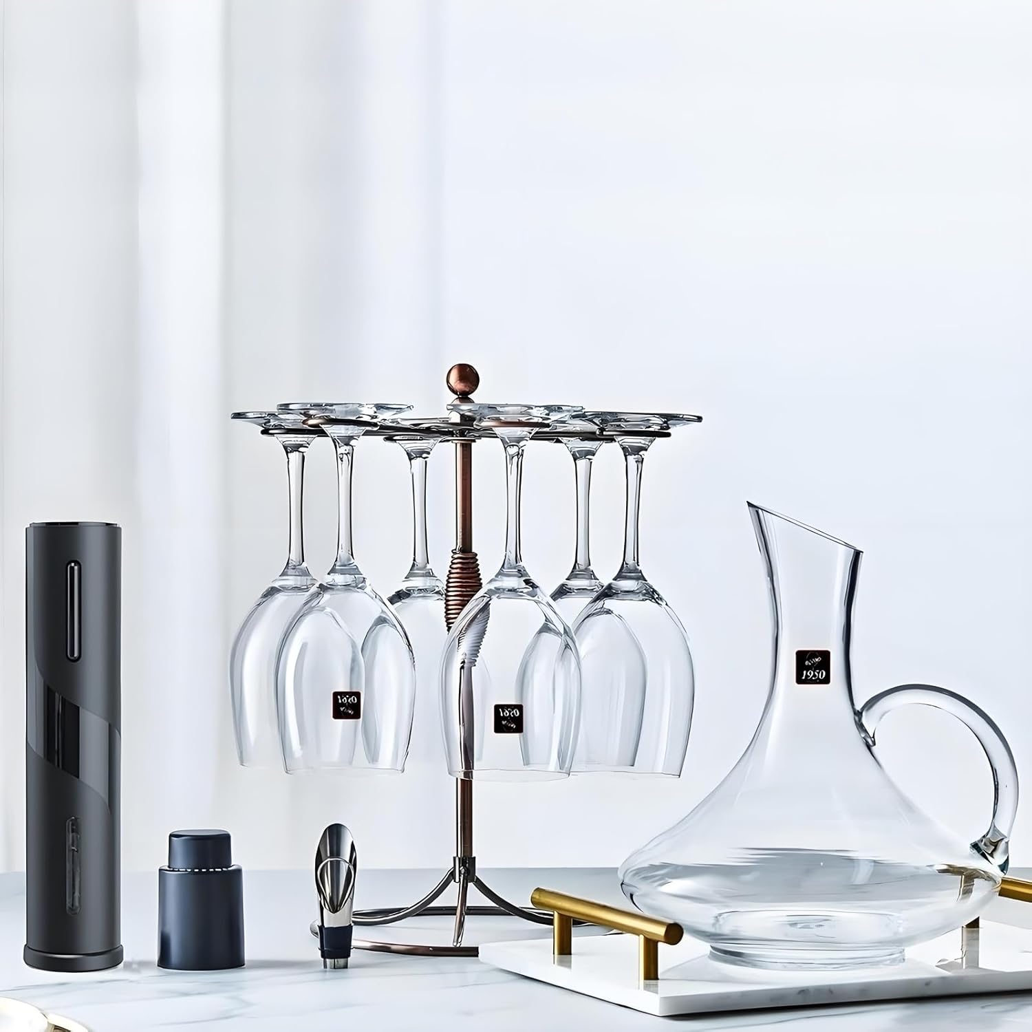 GeLive Bronze Wine Glass Holder Stand, Antiqued Countertop Freestanding Stemware Drying Rack, Artistic Tabletop Glass Display Hanger With 6 Hooks for