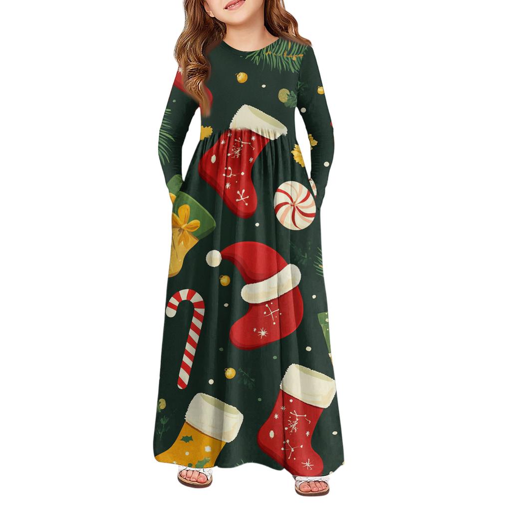 Rochie Maxi pentru Fete - Rochie cu Mânecă Lungă și Buzunare Zi de Crăciun