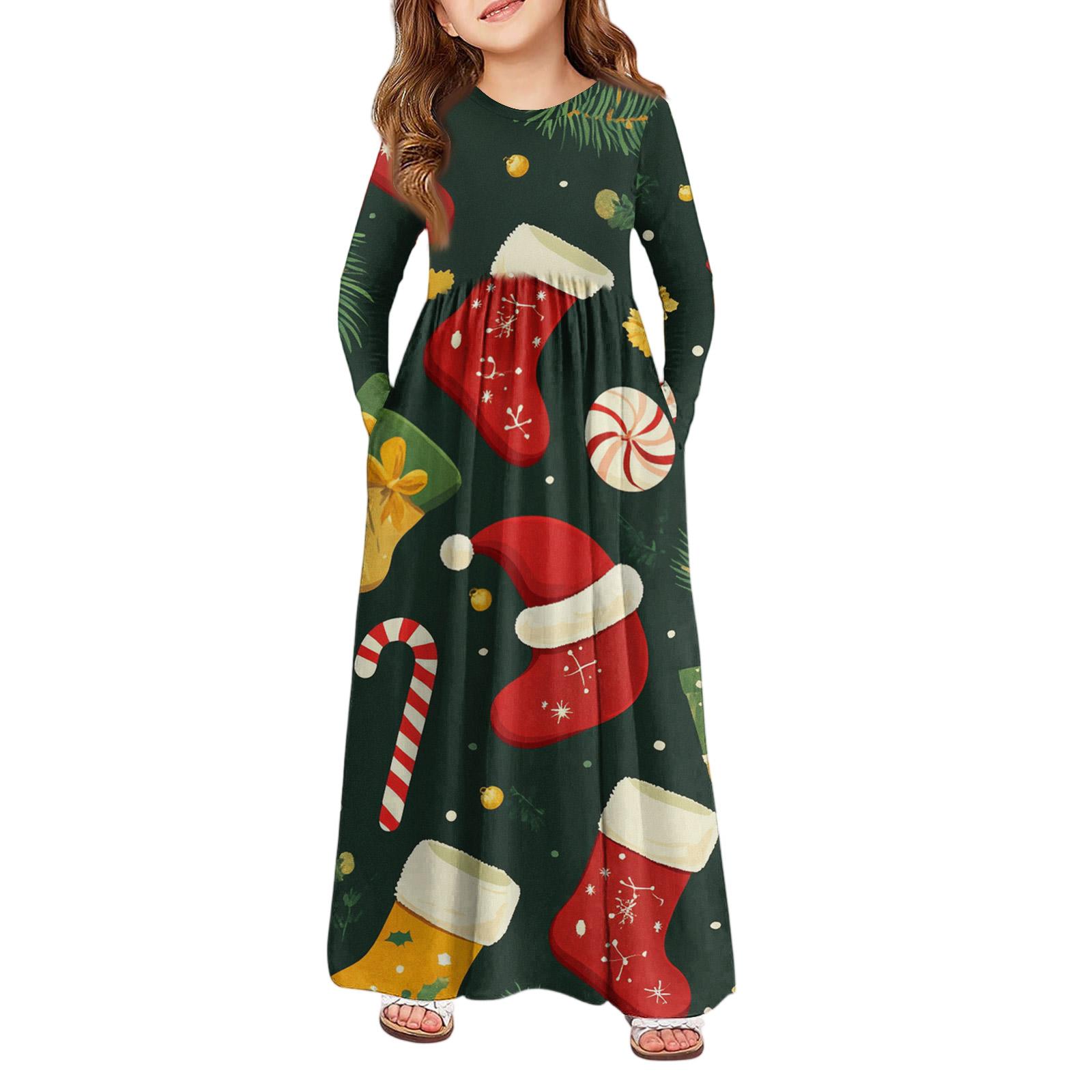 

Девичье платье макси - Платье с длинным рукавом и карманом на Рождество 160 арбуз красный