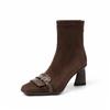 7CM brown fashion suede elastic boots British style versatile square head metal fasteners fashionable rear zipper small short boots
