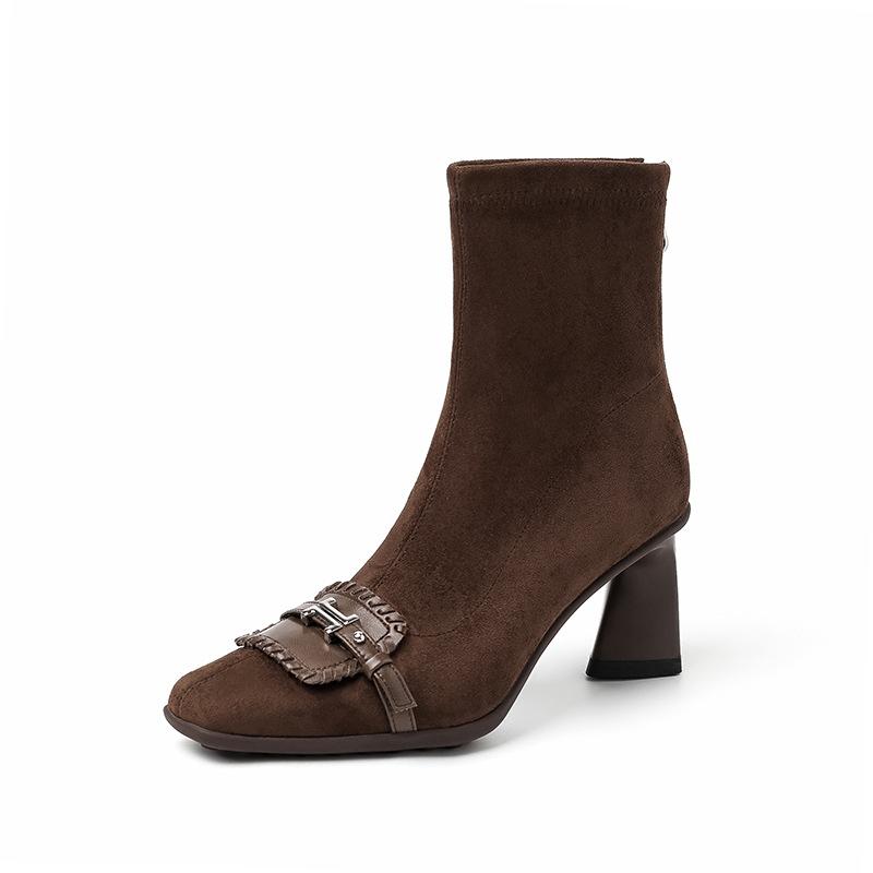 7CM brown fashion suede elastic boots British style versatile square head metal fasteners fashionable rear zipper small short boots