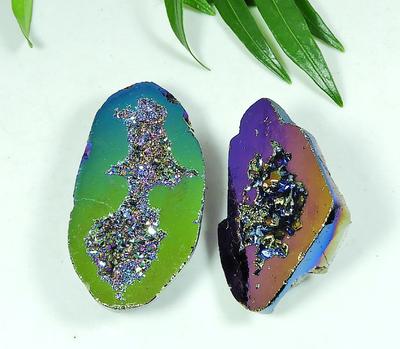 43-52MM Rainbow Titanium Aura Agate Druzy Fancy Loose Gemstone 2Pcs Lot SY-115