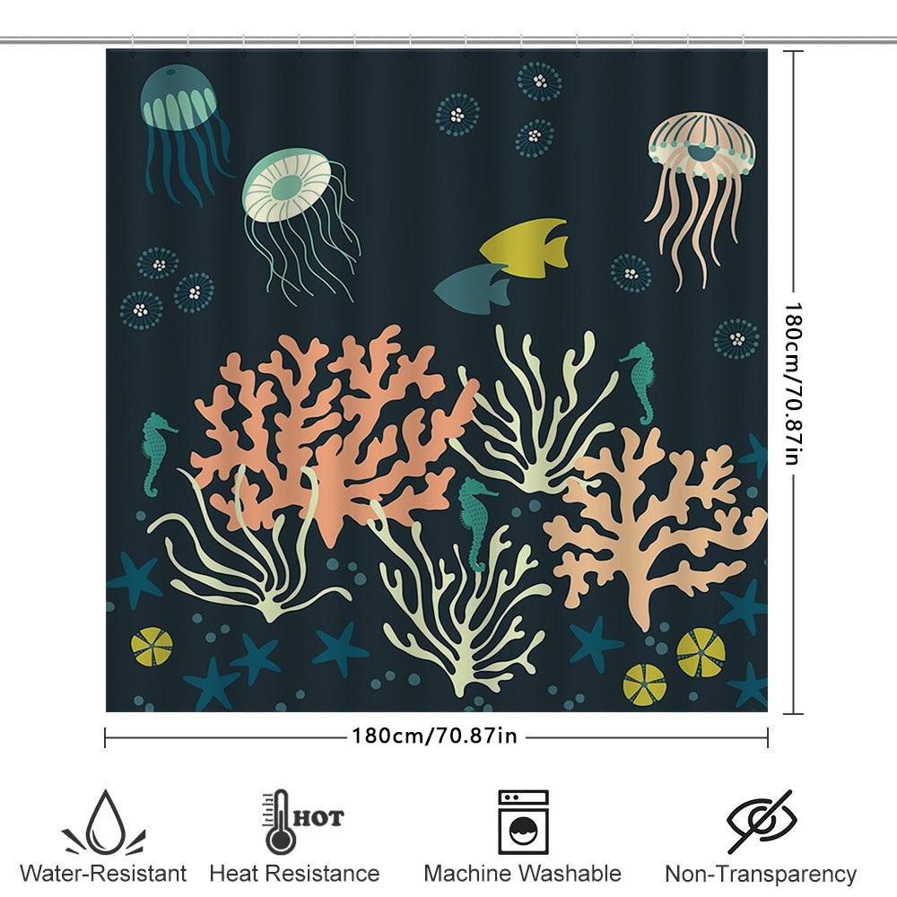 Modern Bath Shower Curtain With Marine Life Printjellyfish, Sea Urchins, Seashells Coral Waterproof Fabric For Home Decor In Nav