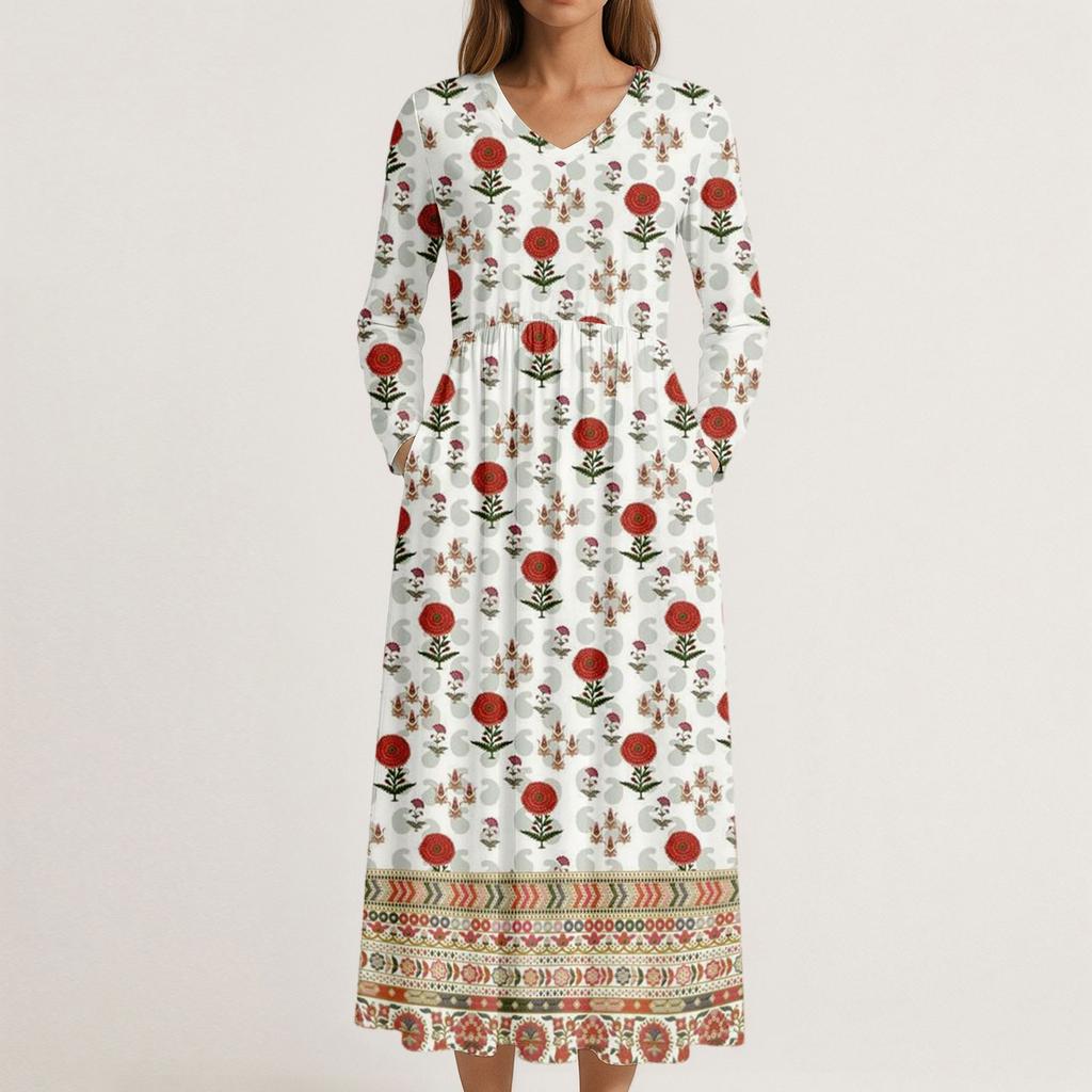 Šaty Pro Ženy Dlouhé Boho Plážové Šaty Elegantní Maxi Šaty Výstřih do V Dlouhý Rukáv Šaty s Kapsami
