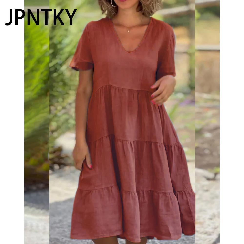 

JPNTKY Женская мода Лето Весна Свежие и Милые Однотонные Платья с Принтом Короткий Рукав V-образный Вырез Большие Свободные Повседневные Платья XXXXXL кофейный