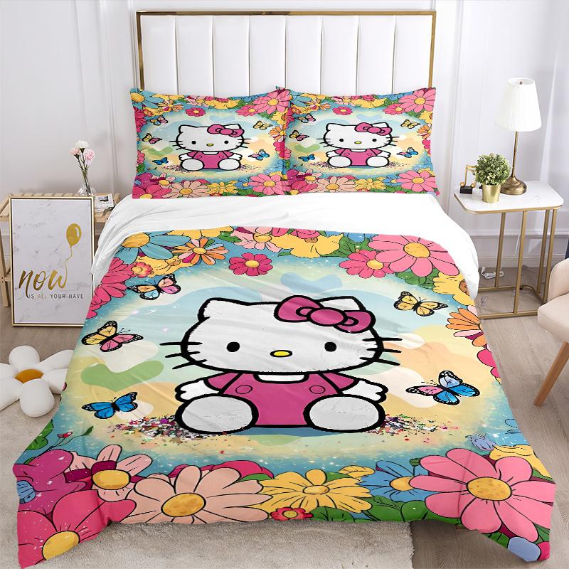 3pcs Hello Kitty & Colorful Daisy Design Pattern Bedding Set, 1* Cover + 2*Pillowcases, Printed Bedding Set, Soft and Comfortable.W034