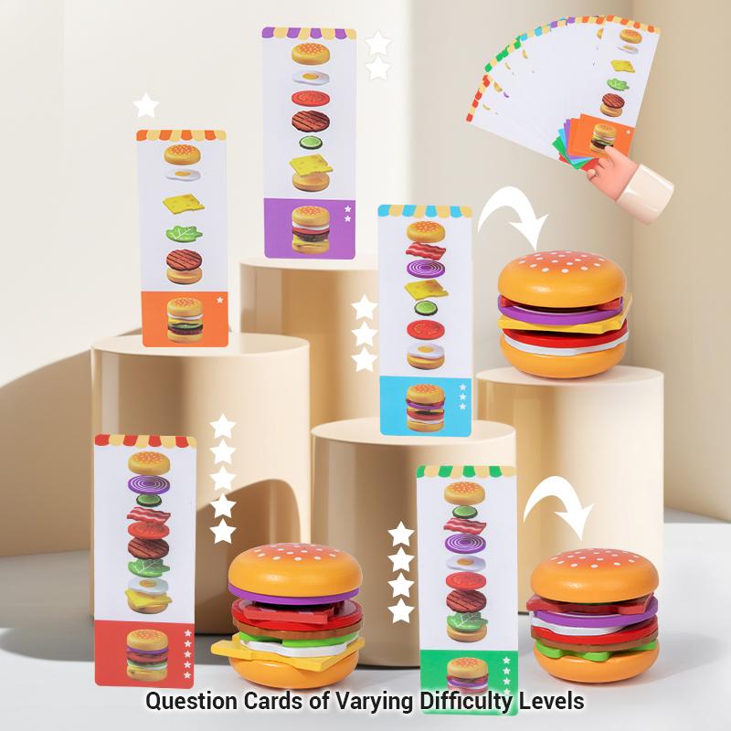 Hamburger Pretend Play Educational Montessori Wooden Toys Simulation Food Matching Stacking Game With Cards For Kids 2 Years Gi