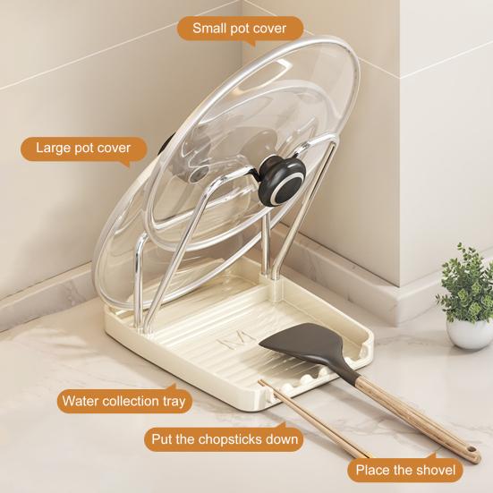 Pot Lid Storage Rack Kitchen Pot Lid Stand with Drain Tray Spoon
