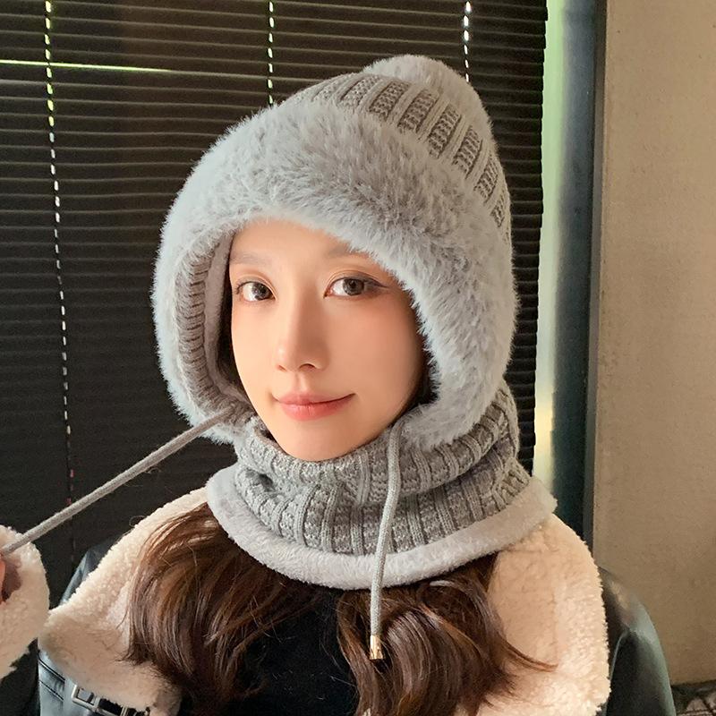 Winter Plush Knitted Hat Women's Mask Scarf Integrated Outdoor Cycling Plush Warm Ear Protection Hat Cold-proof Ski Hat