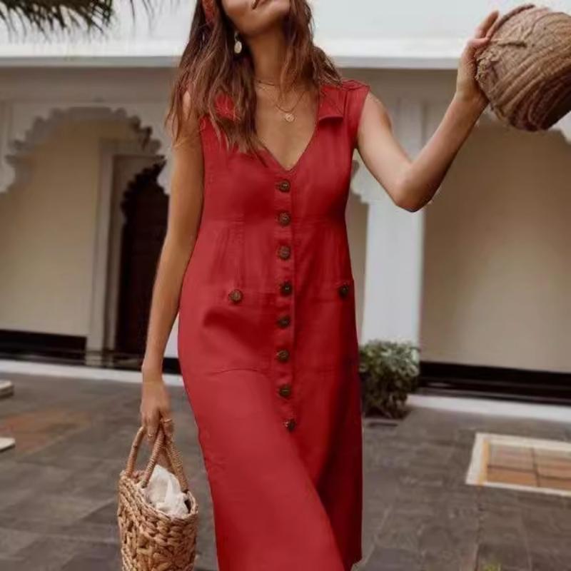 Casual Loose V-neck Single-breasted Button-down Dress for Women