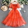 French princess sweet floral square neck bubble sleeve dress women's autumn and winter waist thin lotus leaf edge big swing dress