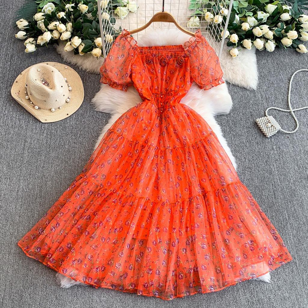 French princess sweet floral square neck bubble sleeve dress women's autumn and winter waist thin lotus leaf edge big swing dress