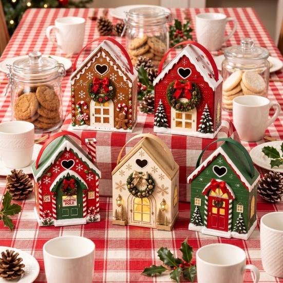 Paper Party Favor Bags Christmas Wonderland Cottage Gift Box, House Shaped Treat Boxes, Holiday Festive Snack Storage Boxes Holder with Handle