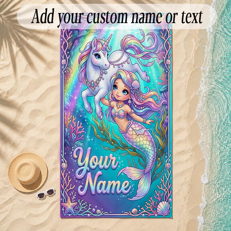 Unicorn Theme Soft Beach Towel Personalized Custom Name Text Towel Portable for Beach Pool Travel