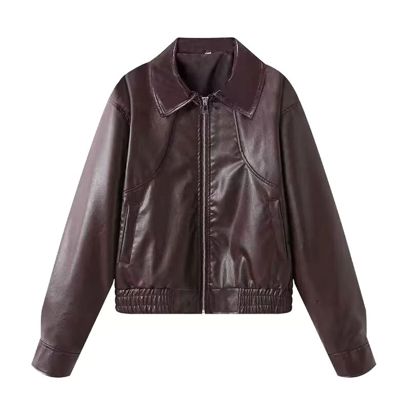 Fall New Women's Clothing American Style Locomotive Style Lapel Long Sleeves Normcore Faux Leather Loose Short Jacket Outwear