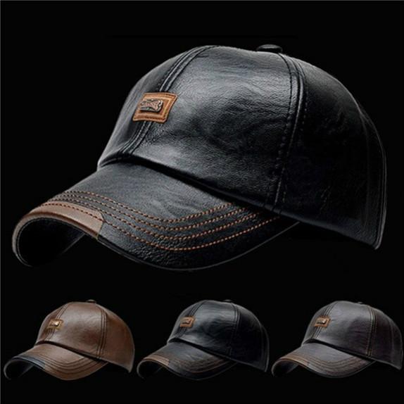 Men's Casual Leather Baseball Cap with Plus Velvet Lining for Autumn and Winter