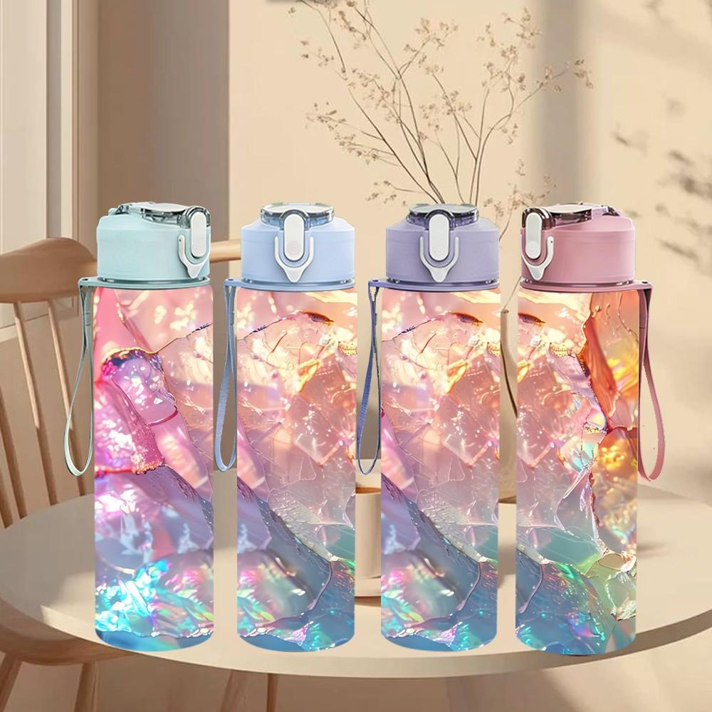 1PC Iridescent Crystal Swirl Marble Texture 750ml Color Plastic Sports Water Bottle Leakproof Flip Straw Lid Suitable for Sports Office Home Use