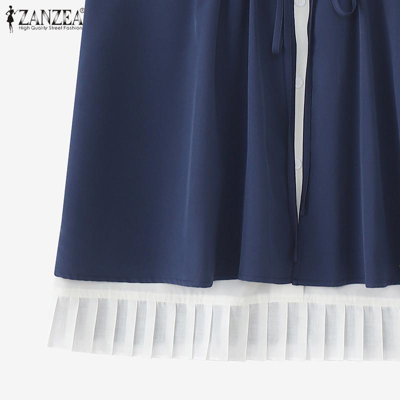 ZANZEA Women V Neck Sleeveless Fake Two-piece Buttons Up Pleated Casual Tank Tops