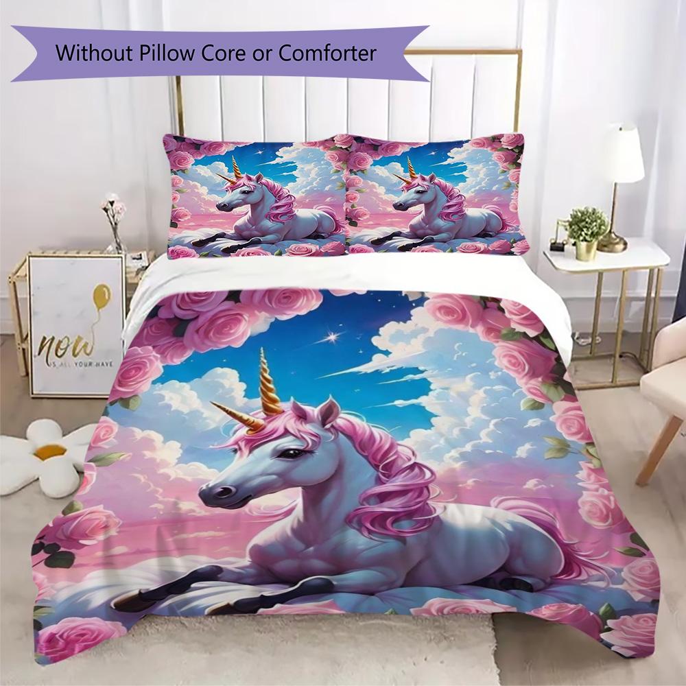 

Pink Unicorn & Rose Print Bedding Set, Fantasy Duvet Cover Set (1 * duvet cover + 2 * pillowcase, without core) 135x200cm