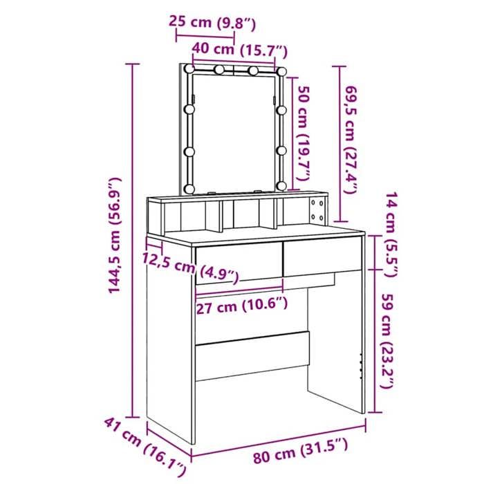 VidaXL Coiffeuse avec LED blanc 80x41x144,5 cm, table de maquillage, coiffeuse de chambre à coucher, coiffeuse avec miroir, 848178