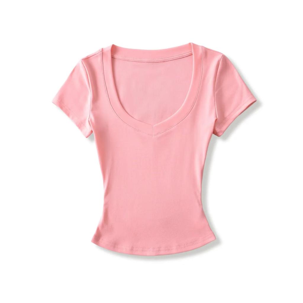 Peach Heart Neck Short-sleeved T-shirt Women's Summer New American Spice Girl Solid Color Basic Slim-fit Front Shoulder Bottoming Top