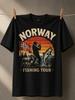 Norway Fishing Tour Retro Sunset Behind Fisherunisex Salmon Moose And Pine Forest Lake Scene Vintage Unisex All Tshirt