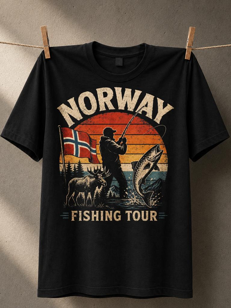 Norway Fishing Tour Retro Sunset Behind Fisherunisex Salmon Moose And Pine Forest Lake Scene Vintage Unisex All Tshirt