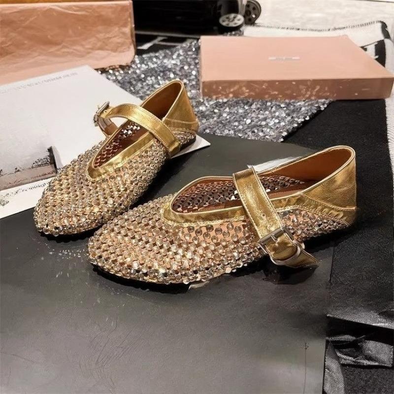 Fashion New Rhinestone Full Diamond Fishing Net Hollowed Out One Word Mary Zhen Baotou Flat Single Shoes Round Toe Sandals for Women