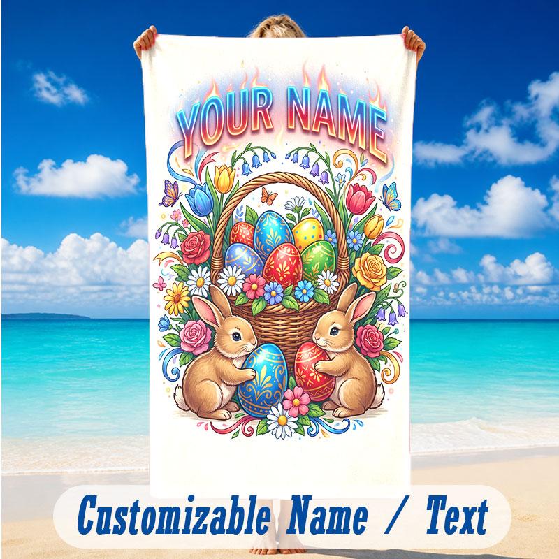 Easter Bunny Theme Beach Towel Personalized Custom Name & Text Soft Quick Dry Beach Towel for Swimming Travel