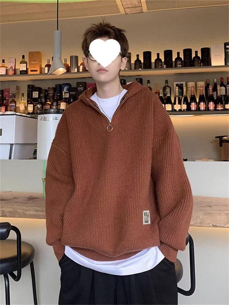 Men's Autumn Oversized Hong Kong Style Half-Zip Knitted Hoodie