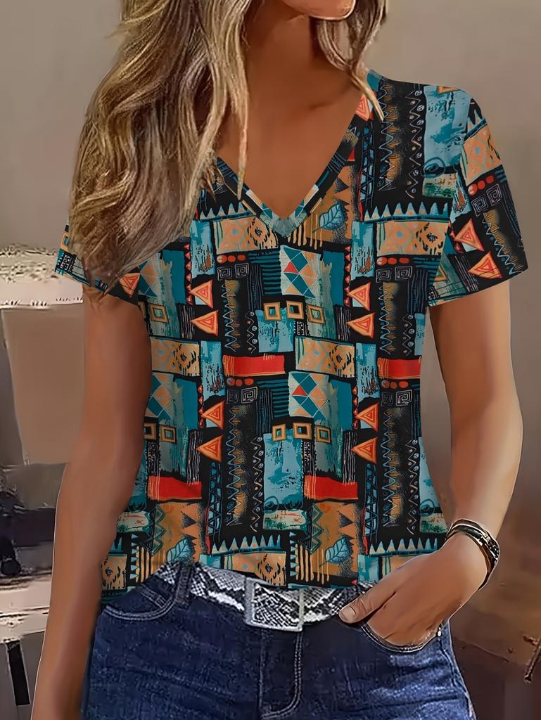 2026 Summer Vintage Ethnic Graphics Women's V-Neck Short Sleeves T-Shirt Fashion Tops 3D Print Casual Outdoor Female Clothing