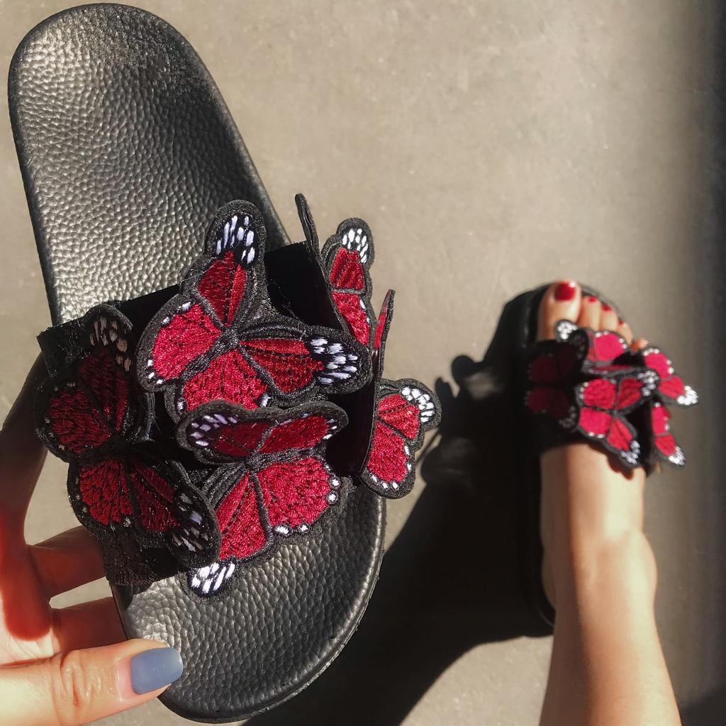Women Summer Butterfly Slippers Fashion Craft Embroidery Three -Dimensional Butterfly Sandals And Slippers Beach Shoes Flip Flops