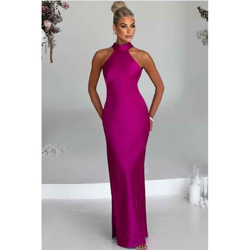 Womens Satin Slip Dress High Neck Sleeveless Bodycon Maxi Split Design Party