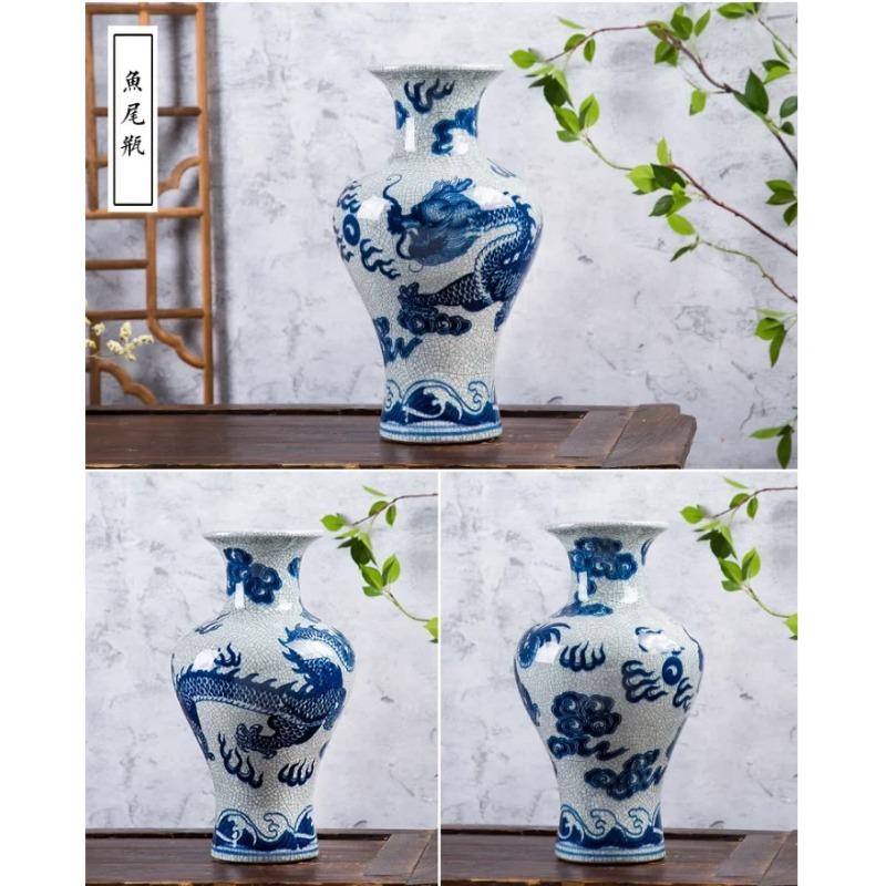 31cm Jingdezhen Ceramic Vase Imitation Official Kiln Crack Glazed Dragon Pattern Vase Flower Arrangement Chinese Home Living Roo