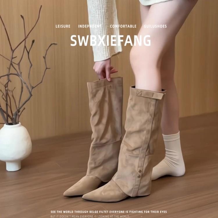 Genuine leather! Pointed wedge trouser boots women's 2025 suede retro tall knight boots slim western boots long boots