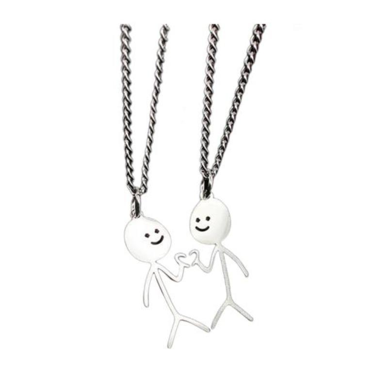 

2 Pcs Couple Matching Necklaces Matchstick Men Love Heart Gesture Stainless Hollow Out Chain Electroplated Unisex Pendant Necklace