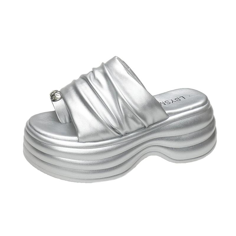 

Fashion 2025 Summer New Pinch Toe Slippers Womens Platform Gladiator Shoes Flip Flop Pleated Soft Leather Comfortable Thick Sole Sandal 39 серебряный