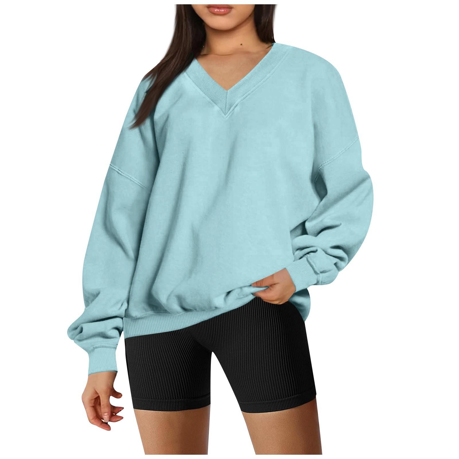 

Женская мода, повседневная однотонная толстовка с длинным рукавом и v-образным вырезом XXXL светло-синий