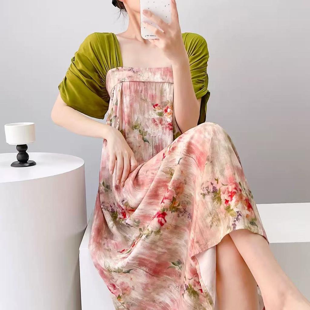 Improved Hanfu short-sleeved cotton and silk nightgown women's summer cotton and silk can be worn outside fairy air artificial cotton loungewear natio