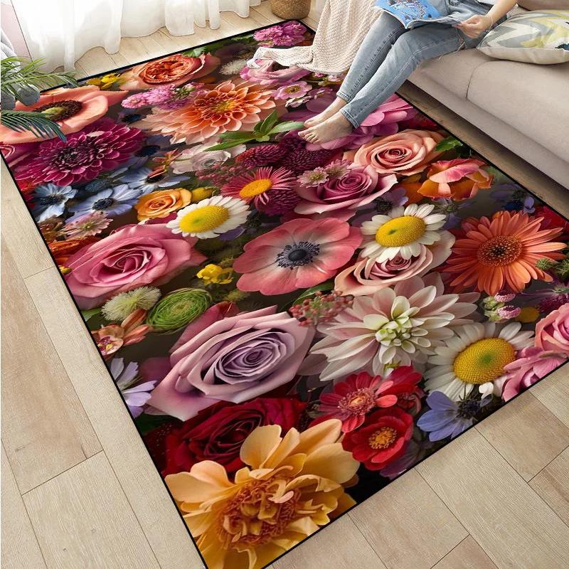 Rose Sunflower Daisy Peach Blossom Carpet Mat Colorful Flower Area Decorative Rugs for Room