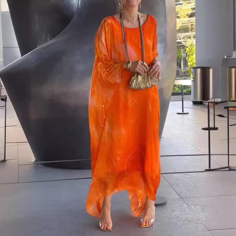 Damen Langkleid Orange Tie Dye mit 3/4 Ärmeln Lockerer Schnitt Midikleid